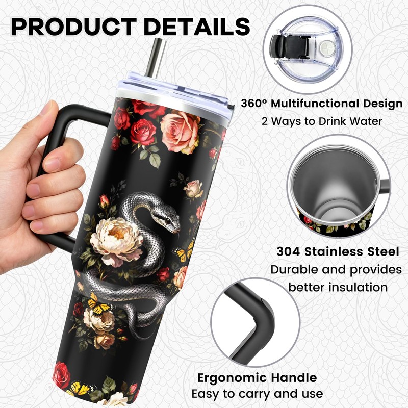 40Oz Flower Darkness Stainless Steel Tumbler with Handle & Straw
