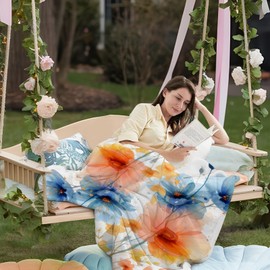 yuboo Blue Orange Watercolor Spring Blanket for Couch, Spring Gifts for Women, Elders and Girls,Colorful Floral Throw Blanket 50 x 60In, Soft and Cozy Flannel Blanket