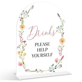 Drinks Please Help Yourself Sign - Wildflower Baby Shower Sign, 1 Pack Arch Acrylic Sign with Stand, Gender Reveal Party Table Decor, Floral Baby Shower Supplies (SE31)