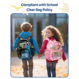 Bagseri 3pcs Clear Backpack for Boys - 15 Inch Backpack and Clear Lunch Bag and Pencil Case Set, Heavy Duty Transparent Bookbag for School, See Through Bag for Kids Aged 3 to 8, Black Dinosaur