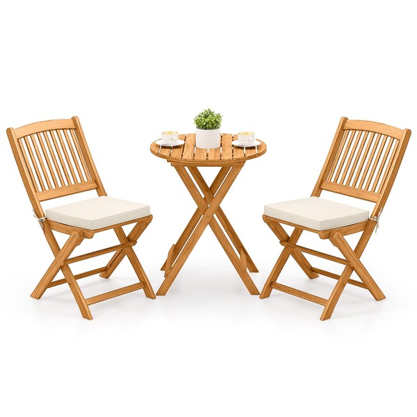 Tangkula 3 Pieces Acacia Wood Patio Folding Bistro Set, Outdoor