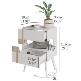 JOONEE White Nightstand with Charging Station and LED Lights,Modern Bedside Table with 2 Storage Drawer,Night Stand with Solid Wood Legs,White (White-2)