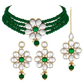 Aheli Faux Kundan Pearl Floral Choker Necklace Earring Maang Tikka Indian Traditional Bollywood Jewelry Set Gift for Women