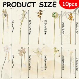 10 Pcs Decorative Vintage Retro Pearl Gold Metal Hair Sticks Pins with Pearl Jade Dangles Tassels Pendants, Chinese Hanfu Asian Gold Metal Flower Butterfly Hair Sticks Hair Chopsticks for Women Girls