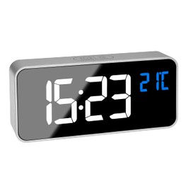TFA Dostmann Digital Alarm Clock with Mirror Effect, 60.2032.54, 2 Alarm Times, 16 Alarm Tones, with 4 Brightness Levels, Clock (AM/PM), with Integrated Battery, Silver (L) 145 x (W) 32 x (H) 65 mm