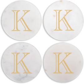 Mary Square Monogrammed K Gold Foil 4 inch Marble Round Coasters Set of 4