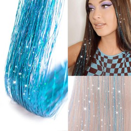 Ubeleco Hair Tinsel 12Pcs Sky Blue Clip in Hair Tinsel Kit 20.5 Inch Fairy Hair Tinsel Kit for Christmas Tinsel Hair Extensions Accessories for Women Girls Kids (12Pcs, Sky Blue)