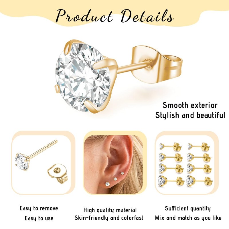 SJBAUTYO 4 Pairs of Men's Earrings, Silver, Medical Stud Earrings,