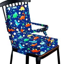 Taeku Height Adjustable Kids Cushion, Kids Meal Cushion Dining Chair Cushion Portable Removable High Chair Booster for Kids Washable Chair Seat Pad Mat Cloth Strap (Dinosaur with Backrest)
