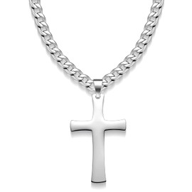Jewow Stainless Steel Men's Necklace Cross Pendant with 7 mm Wide Curb Chain, Stainless Steel