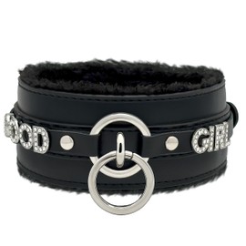 paloli Furry Double O-Ring Choker for Women, Adjustable Faux Leather Necklace with Plush Lining and Rhinestone Letters