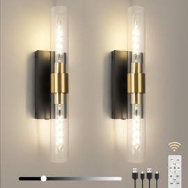 EIDEARAY Wall Sconce Set of Two, Battery Operated Wall Sconce, Rechargeable Wall Lamp with Remote, Indoor Non-Hardwired Wall Sconces, Modern Vanity Light for for Bedroom, Hallway, Aisle