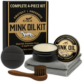 4-in-1 Mink Oil Leather Conditioner Kit – 3.52oz Waterproof Paste with Horsehair Brush, Sponge & Microfiber Cloth – Leather Cleaner & Protector for Boots, Shoes, Jackets, Saddles & Bags