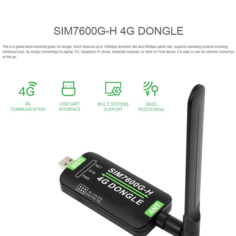 4G DONGLE Module, SIM7600G‑H 4G LTE USB Adapter with Antenna,