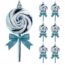 Pack of 6 Candy Christmas Decoration,Shiny & Glitter Lollipop Hanging Ornaments with Glitter Bows for Christmas Tree Wreaths Holiday Decoration (Ice Blue)