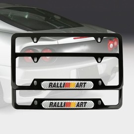 Auto Car Accessory 2x For Ralliart Black Stainless Steel License Plate Frame & Silver Carbon Fiber Logo Style_8888