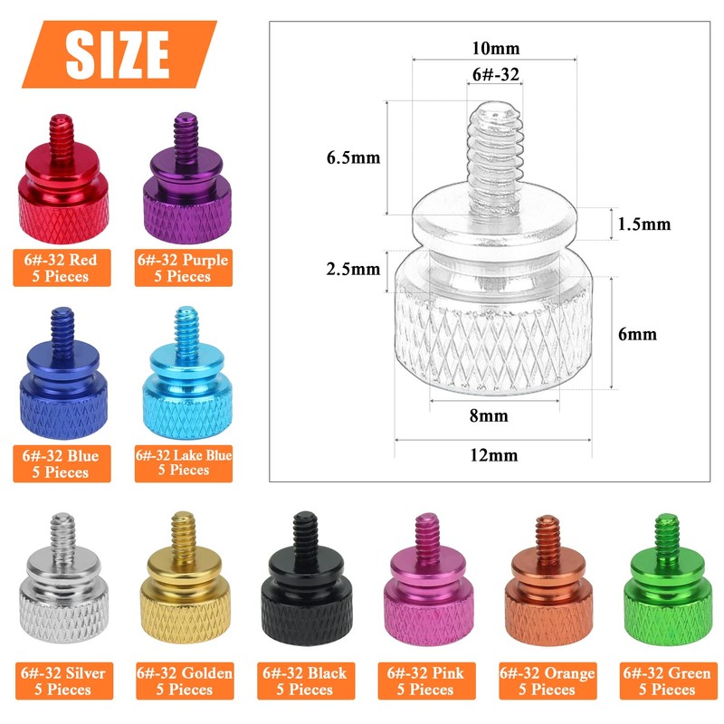 HELIFOUNER 50 Pieces 6-32 Thread Anodized Aluminum Computer Case Thumbscrews,