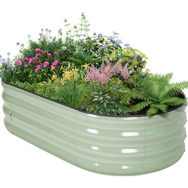 BIRDSINYARD Galvanized Raised Garden Bed Outdoor - 4×2×1ft Planter Raised Beds for Gardening | Oval Metal Garden Planter Box with Safety Edging and Gloves for Vegetables Fruits Flowers - AvocadoGreen