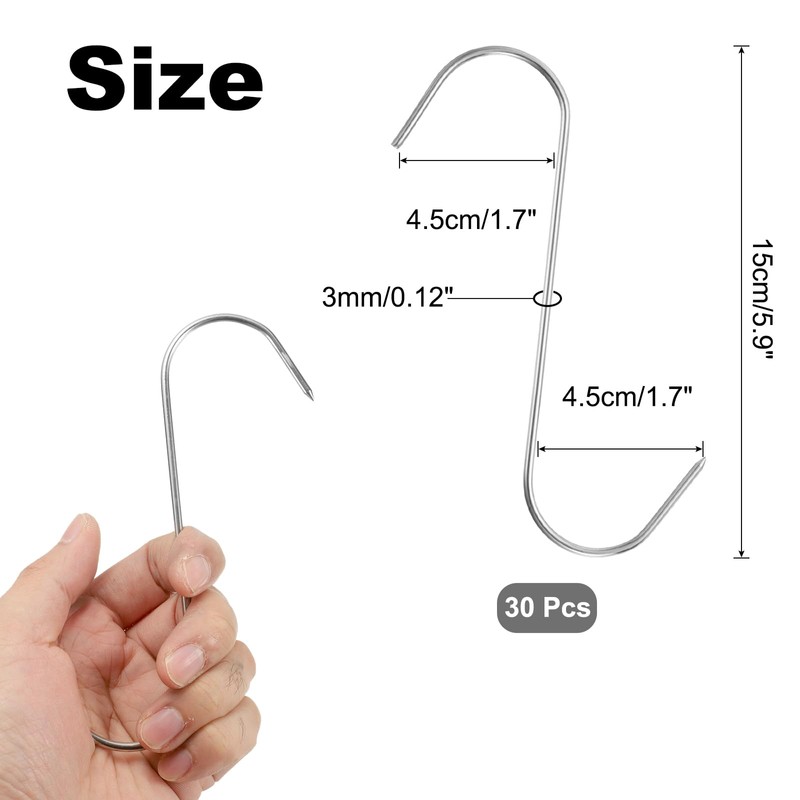 sourcing map 30Pcs Meat Hooks 5.9 Inch 3mm Stainless Steel