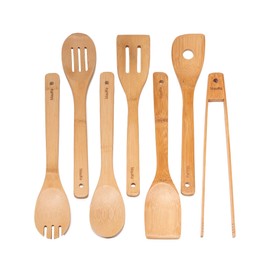 BlauKe® Wooden Kitchen Utensils Set of 7 – Bamboo Cooking Utensils for Non-Stick Cookware – Wooden Spatulas for Cooking, Wooden Spoons, Tongs