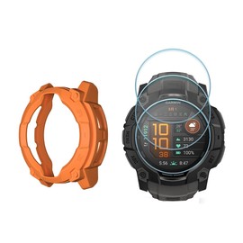 Watch Screen Protector + Watch Case Cover for Garmin Instinct 3 45mm, [3-Packs] Tempered Glass Film & Soft TPU Bumper, Anti-Scratch, Bubble-Free, HD Clear, Shockproof Protection (Orange)