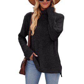 Famulily Black Tunic Jumper Tops for Women Wear with Leggings, Ribbed Knit Loose Fit Turtleneck Fall Sweaters (XXL, Black)