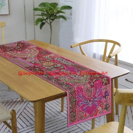 Ethnic Cotton Decorative Indian Dinning Art Table Patchwork Beads Embroidered Room Handmade Decor Cloth Table Runner (Fuchsia, 16" x 60")