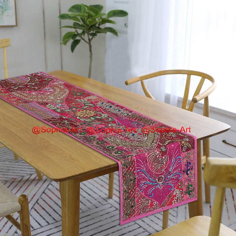 Ethnic Cotton Decorative Indian Dinning Art Table Patchwork Beads Embroidered