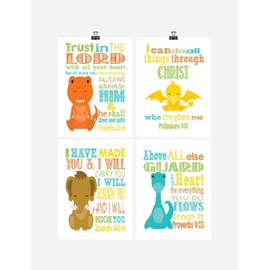 Dinosaur Christian Nursery Decor Set of 4 Prints - Tyrannosaurus Rex, Plesiosaur, Woolly Mammoth, and Pterodactyl with Bible Verses