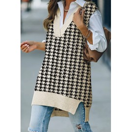 Viottiset Women's Oversized V Neck Houndstooth Knit Sweater Vest Sleeveless Tunic Top Apricot Medium