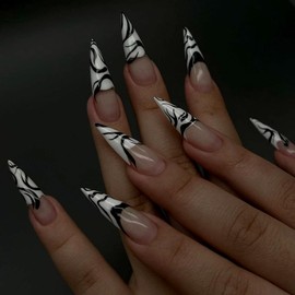 MouyouGlow Press on Nails Long, Stiletto Nude Black White Striped French Fake Nails with Nail Glue, Black White Artificial Fingernails
