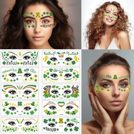 10 Sheets St.Patrick's Day Face Decorations Temporary Tattoos Eye Stickers Clover Themed Face Stickers Green Shamrock Fake Tattoos Party Supplies (St.Patrick's Day)