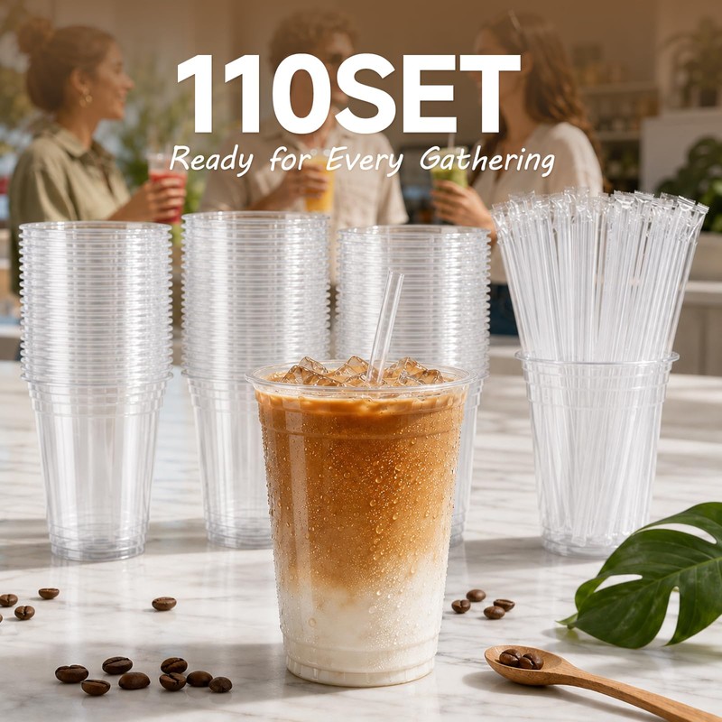 110 Set 16oz Disposable Smoothie Cups with Lids and Straws