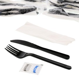 AmerCareRoyal 5-in-1 Disposable Silverware Medium Heavy Weight Plastic Utensil Set with Fork, Knife, Salt & Pepper Packets, 13x17 Napkin - Individually Wrapped Cutlery Meal Kit, Black, Case of 500