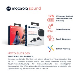 Motorola Sound Moto Buds 085 - Kabellose Ohrhörer In-Ear-Kopfhörer - 15 Stunden Betriebszeit - Kompaktes Ladegerät - Wasser- und schweißfest - Touch- und Sprachsteuerung - Schwarz, S/M/L