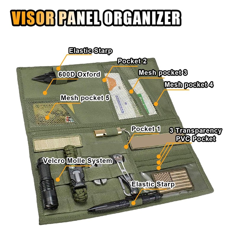 Tactical Molle Car Sun Visor Organizer, Large Molle Visor Panel
