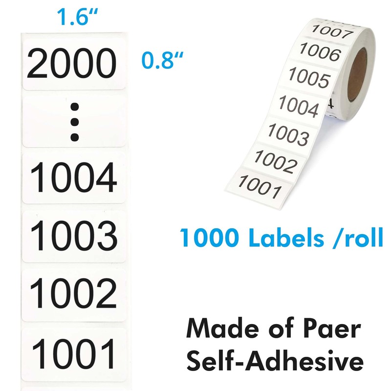 Consecutive Numbered Stickers 1001-2000, Inventory Labels 1.6 x 0.8 Inch,