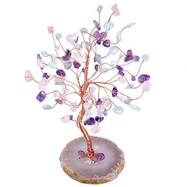 TUMBEELLUWA Healing Crystal Money Tree with Agate Slices Base Polishing Tumbled Gemstones Tree Bonsai Feng Shui Decor for Luck and Wealth, Tricolor