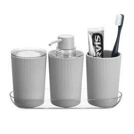 iDesign 4-Piece Bathroom Accessories Vanity Countertop-Gray/Clear Fluted Soap Pump Set with Tray