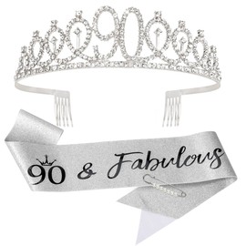 Vovii 90th Birthday Sash and Tiara, Silver Tiara, 90th Birthday Gifts for Women, 90th Birthday Decorations for Women, Happy 90th Birthday Decorations