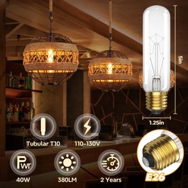 TrustWheel 40W T10 120V Light Bulbs,E26 40 Watt Bulbs for Curio Cabinet,Display Cases, Ceramic Piano Light Bulb, Clear Tubular Appliance Bulbs, 2500K Warm White, Dimmable, 2 Pack