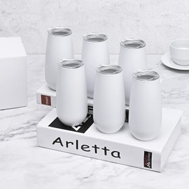 6 Pack Insulated Champagne Tumblers, Stemless 6 Oz Wine Flutes, Unbreakable Cocktail Cups With Lid, Gift for Family Friends Christmas Birthday Wedding (White)