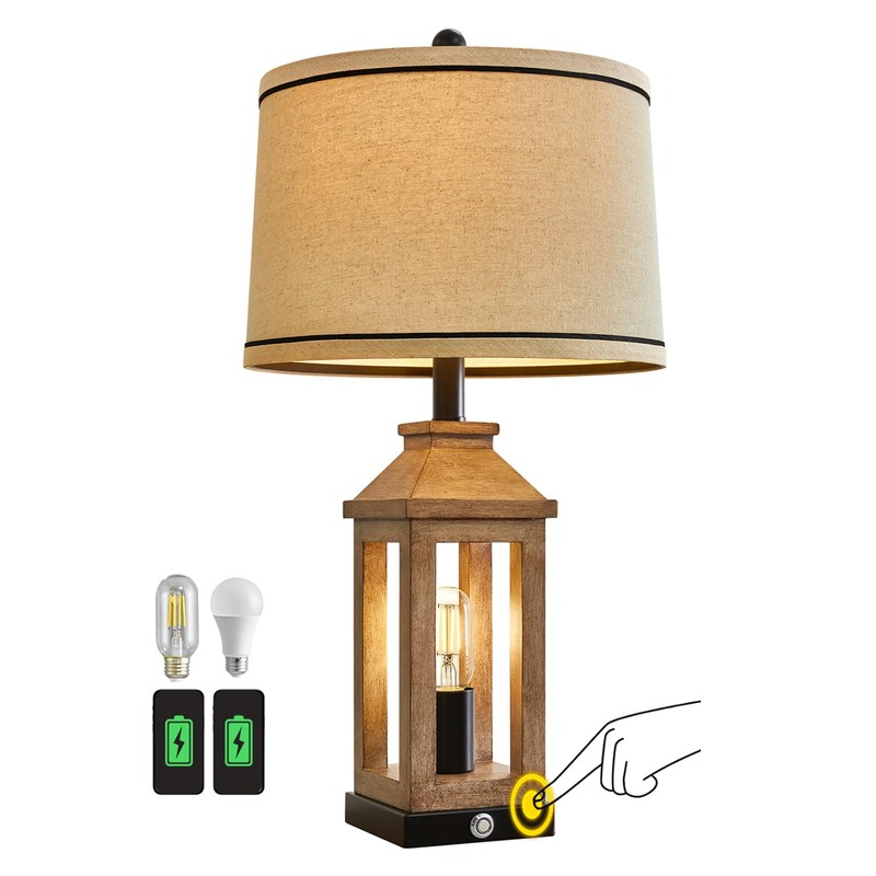 G-SAFAVA 23.75" Farmhouse Table Lamps USB A+C Charging Ports 3-Way