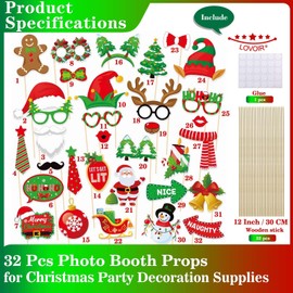 Merry Christmas Photo Booth Props Kit, 32 Pcs Xmas Red Green Christmas Photo Props Snowman Santa Bells Hat Snow Christmas Tree for Photoshoot Christmas Picture Fun Props Christmas Party Decorations