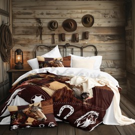 CCoutueChen Brown Western Cowboy Comforter Set King Size,Horse Cowhide Bedding Set for Adult, 3Pcs Soft Country Wild Animal Microfiber Lightweight Comforter for All Season/90 * 90