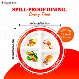 Health Beet MyPlate Portion Control Plate – 4 Divided Sections for Fruit Grains Veggies Proteins - Dishwasher & Microwave Safe Sectioned Plates for Health Education (Set of 4)