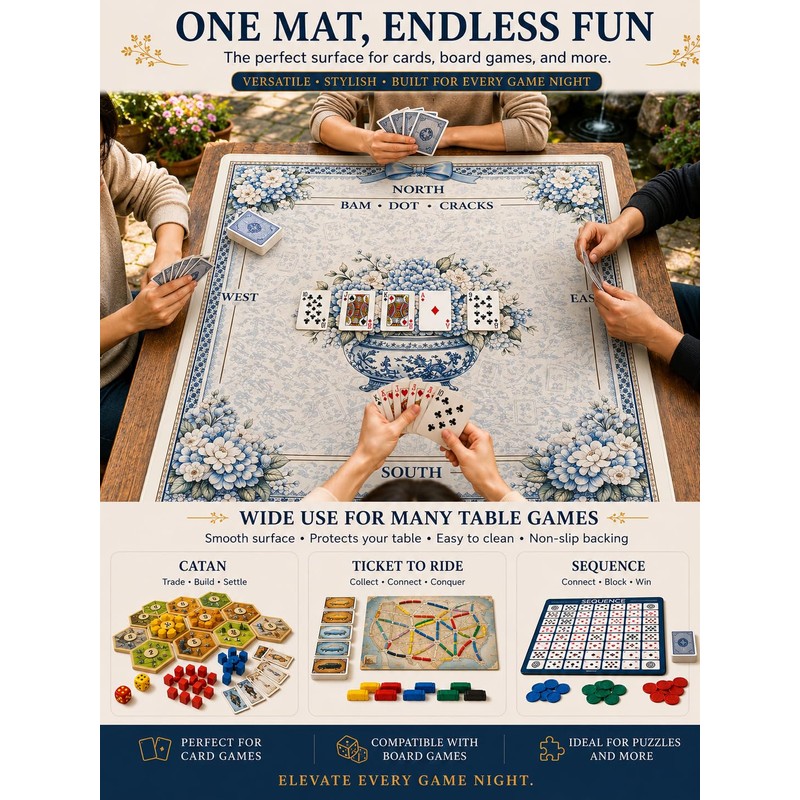 AVAONE American Mahjong Mat 33x33 Inch, Blue Porcelain Floral with