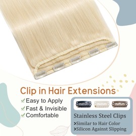 Elailite Clip-In Real Hair Extensions, #60 Platinum Blonde, 45 cm, Straight Clip-In Hair Extensions, Real Hair, 1 Weft, 50 g