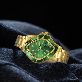 MASTOP Unique Watches for Men Waterproof Stainless Steel Wristwatch with Luminous Quartz Movement Calendar Function and Green Dial Perfect Men's Gift (Gold Green)