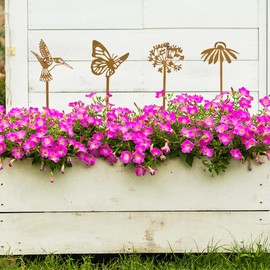 4Pcs Rusty Garden Decorative Stakes Metal Flowers Butterfly and Hummingbird Garden Decor Plant Pot Decorations for Indoor Outdoor Patio Lawn Yard Art 14.17Inch